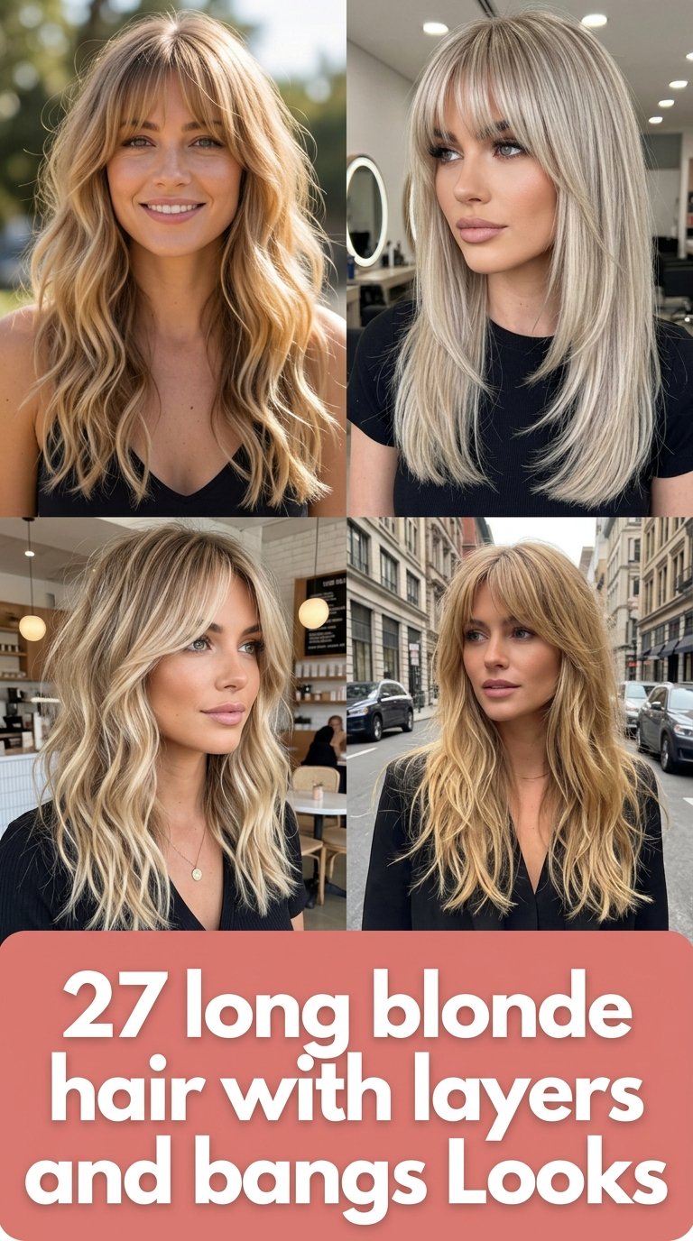 long blonde hair with layers and bangs Looks
