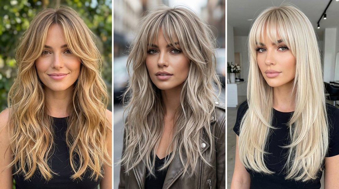 long blonde hair with layers and bangs Looks