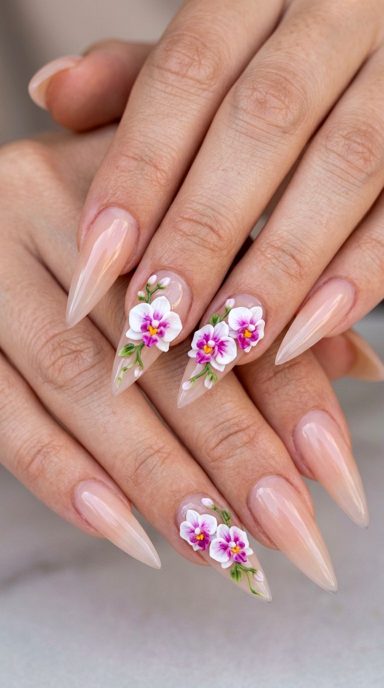 D Acrylic Orchid Cascades - 28 Botanical Spring Stiletto Nails