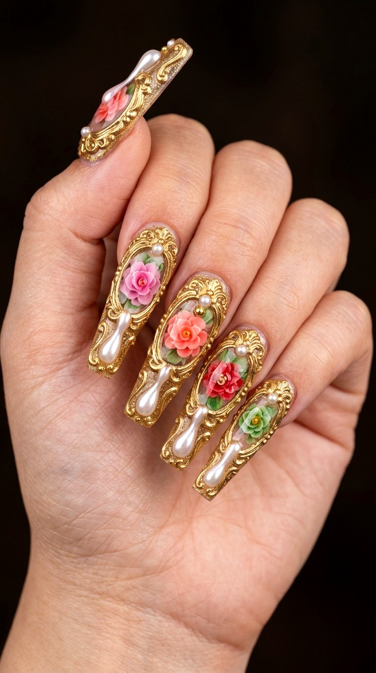 D Baroque Frames and Pearl Drips - 29 Maximalist Spring Colorful Junk Nails