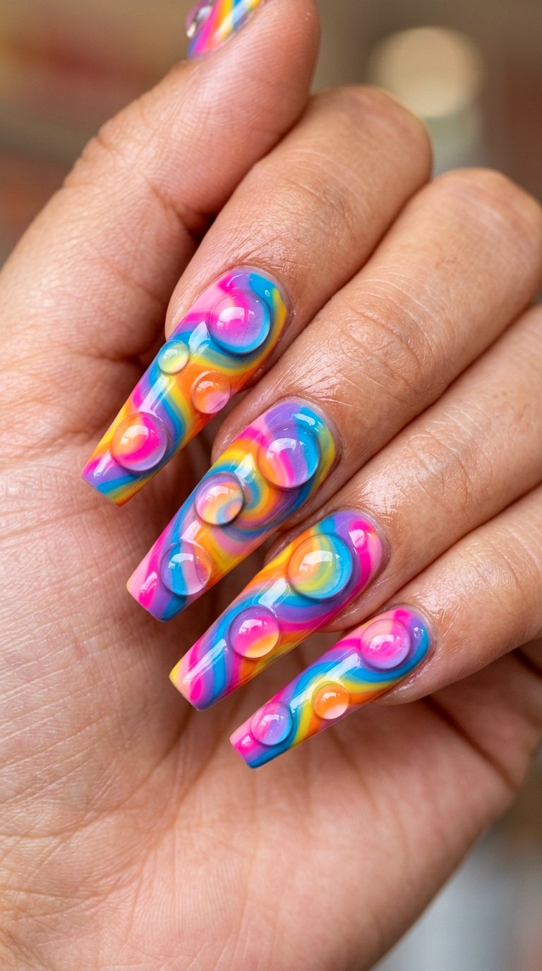 D Bubble Pop Illusion - 26 Vacation Summer Multicolor Acrylic Nails