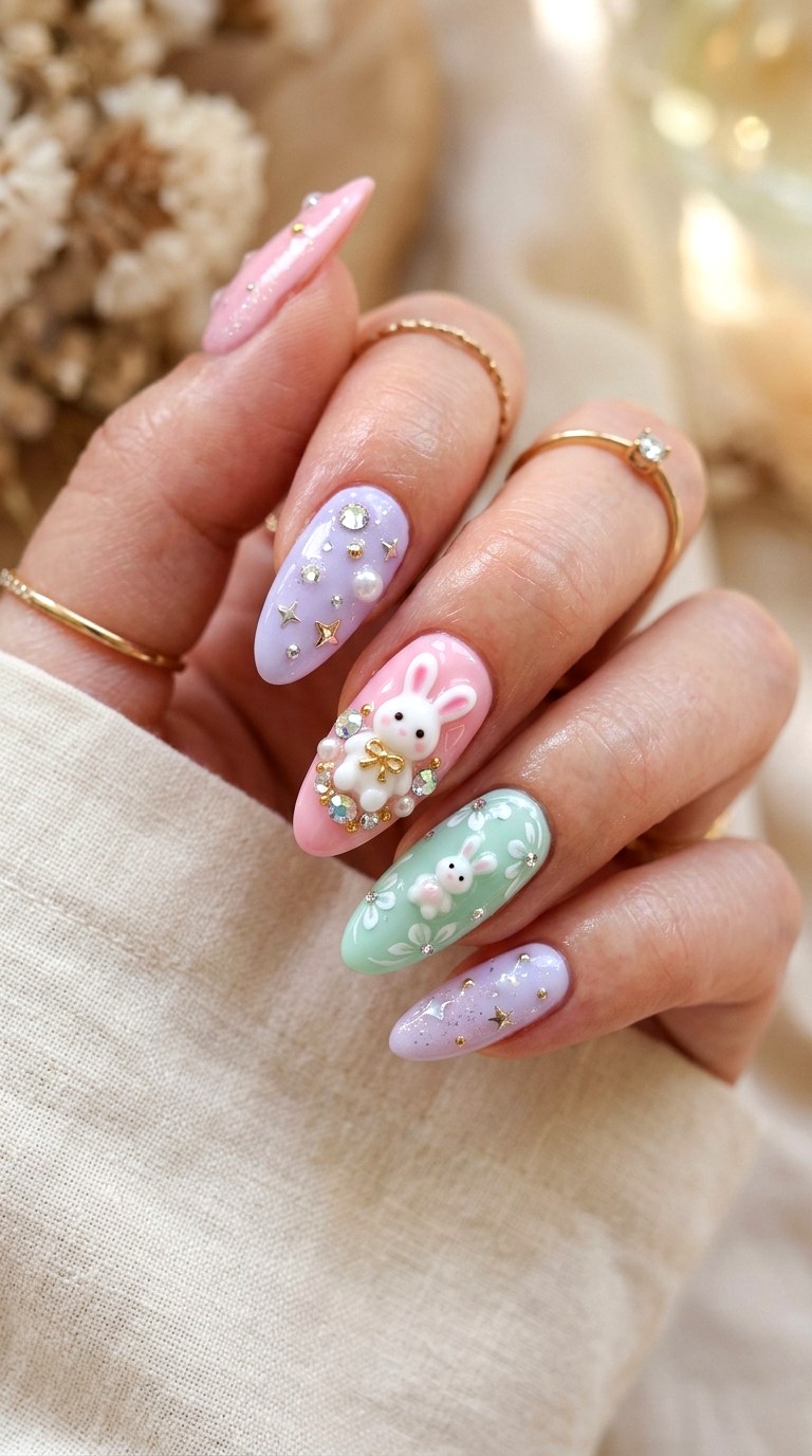 D Bunny Charm Nails - 26 Summer Pastel Bunny Cartoon Nail Ideas
