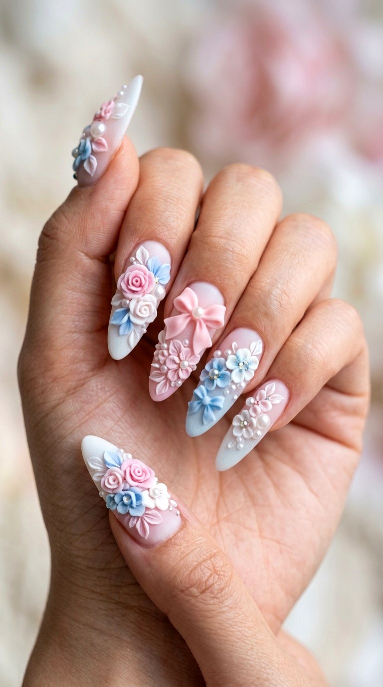D Floral Sculptures - 30 Cheerful Spring Multicolor Nails