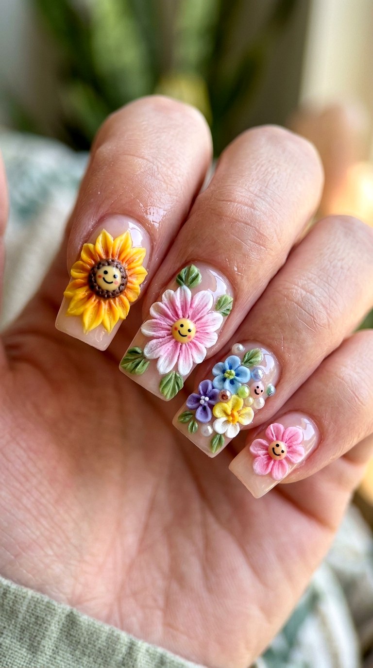 D Happy Flower Nail Art - 20 Summer Happy Flower Cartoon Nails Ideas
