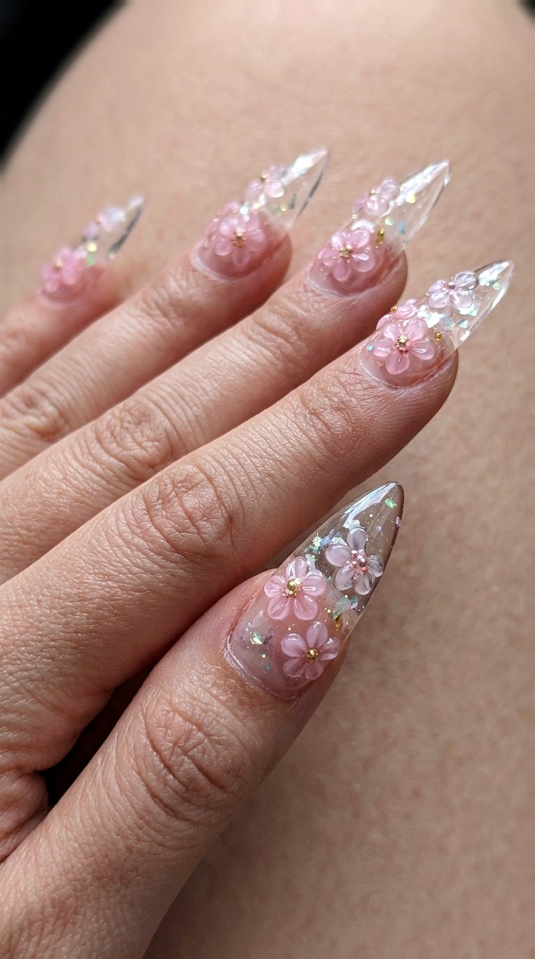 D Jelly Flower Sculptures - 30 High-Fashion Spring Stiletto Nails
