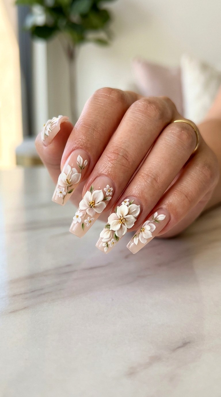 D Sculpted Acrylic Magnolias - 26 Floral Spring Acrylic Nails