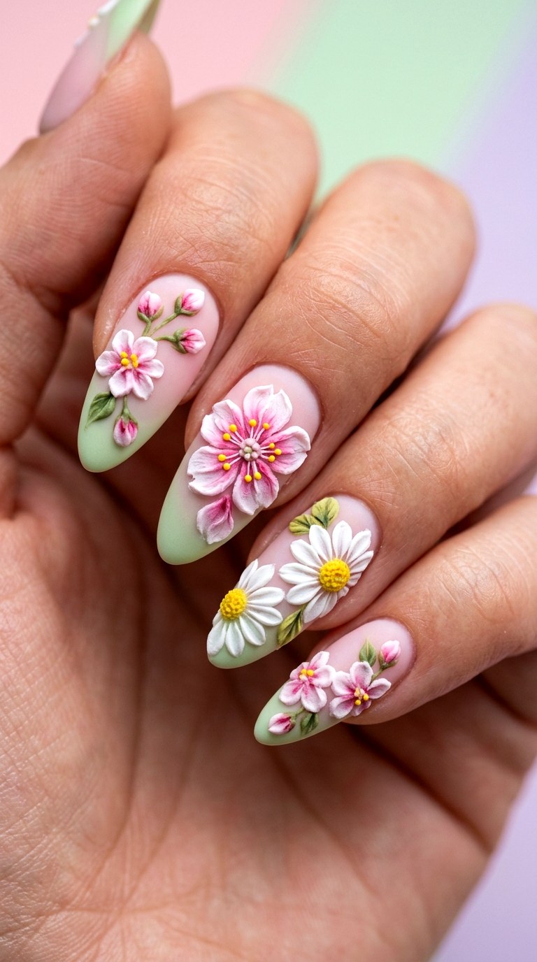 D Sculpted Petal Blooms - 29 Fun Spring Multicolor Nails