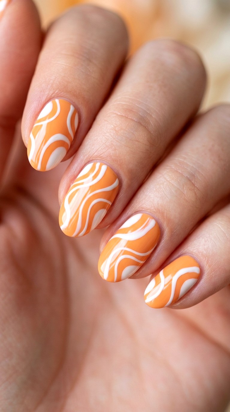 Abstract Apricot and Cloud White Curves - 23 Geometric Spring Two Colored Nails