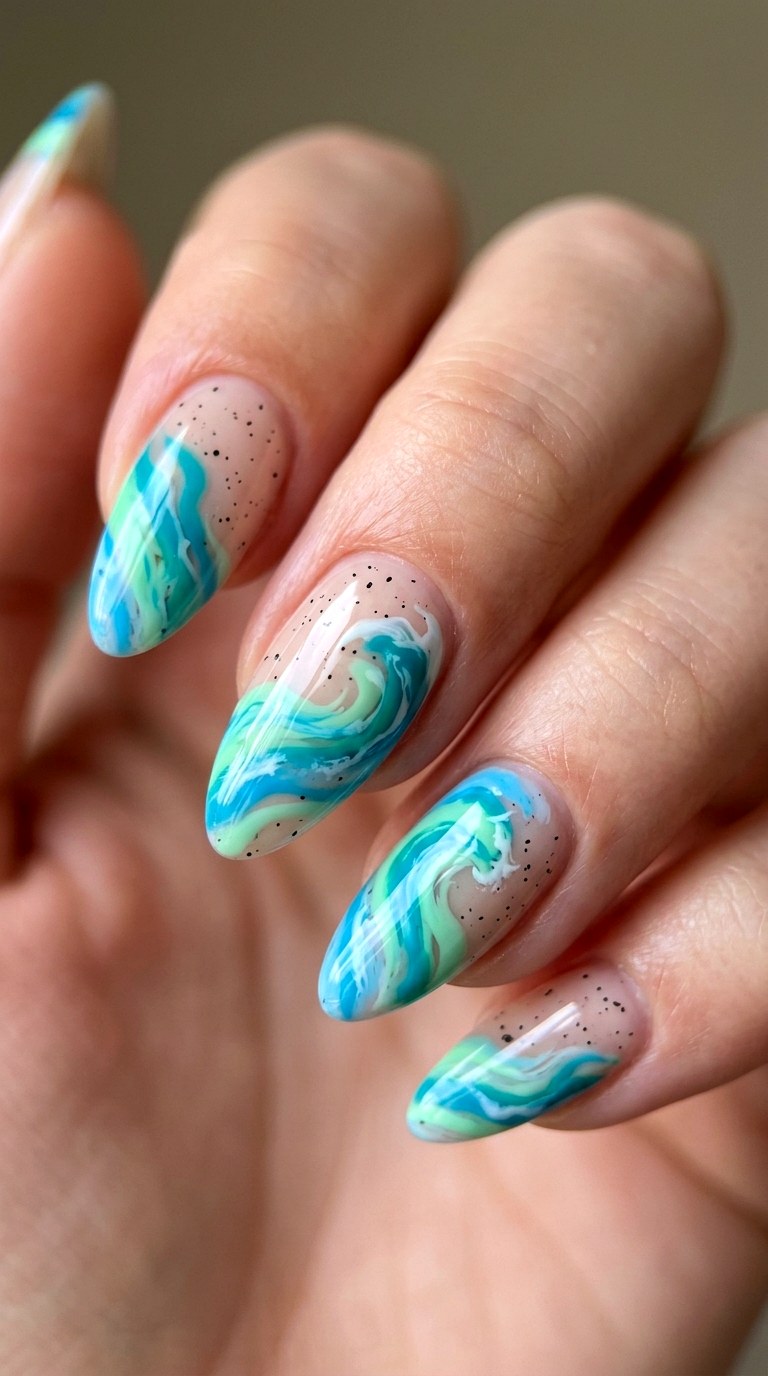 Abstract Blue Wave Turquoise Tips - 29 Festive Spring Multicolor Acrylic Nails