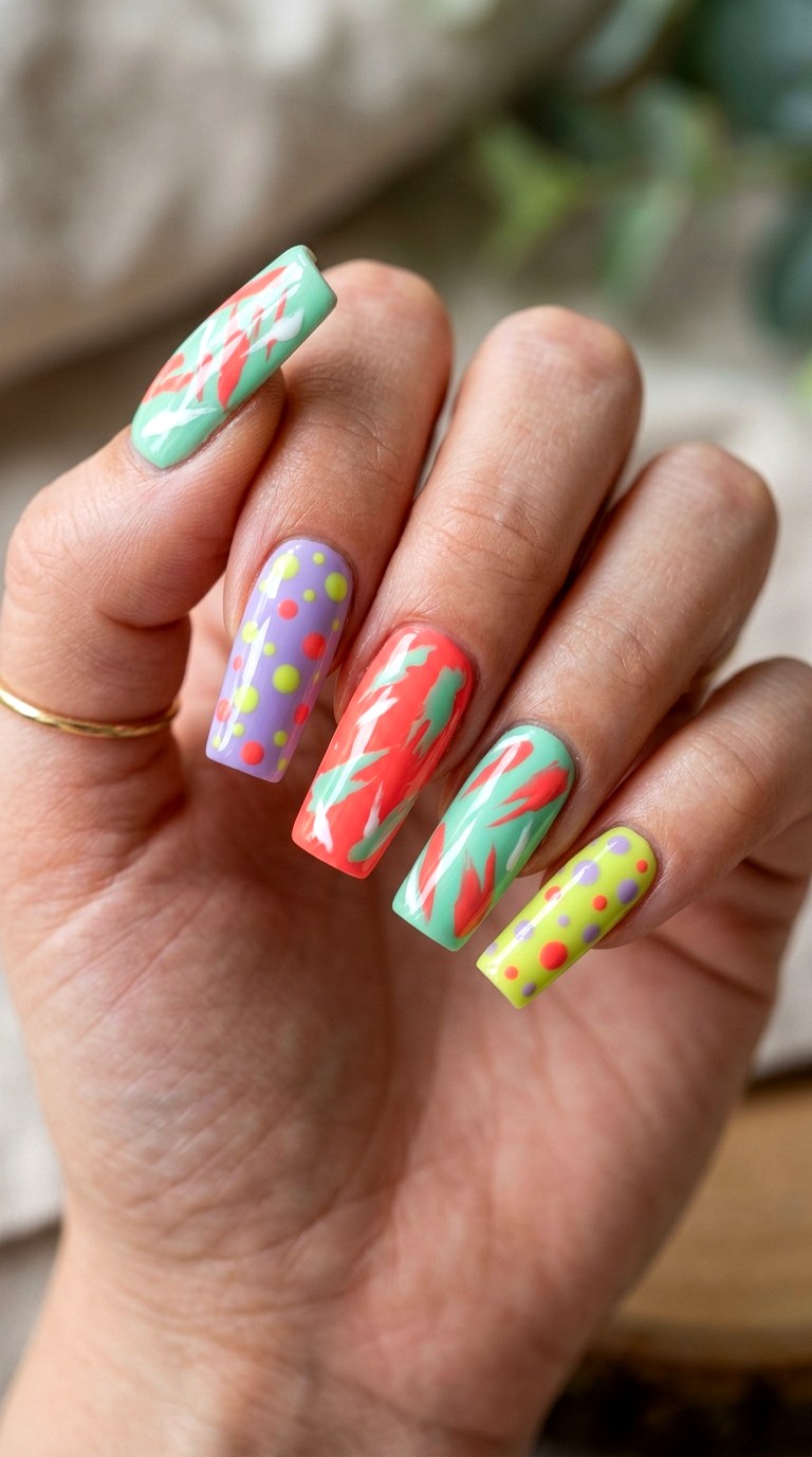 Abstract Color Block Skittles - 26 Vacation Summer Multicolor Acrylic Nails