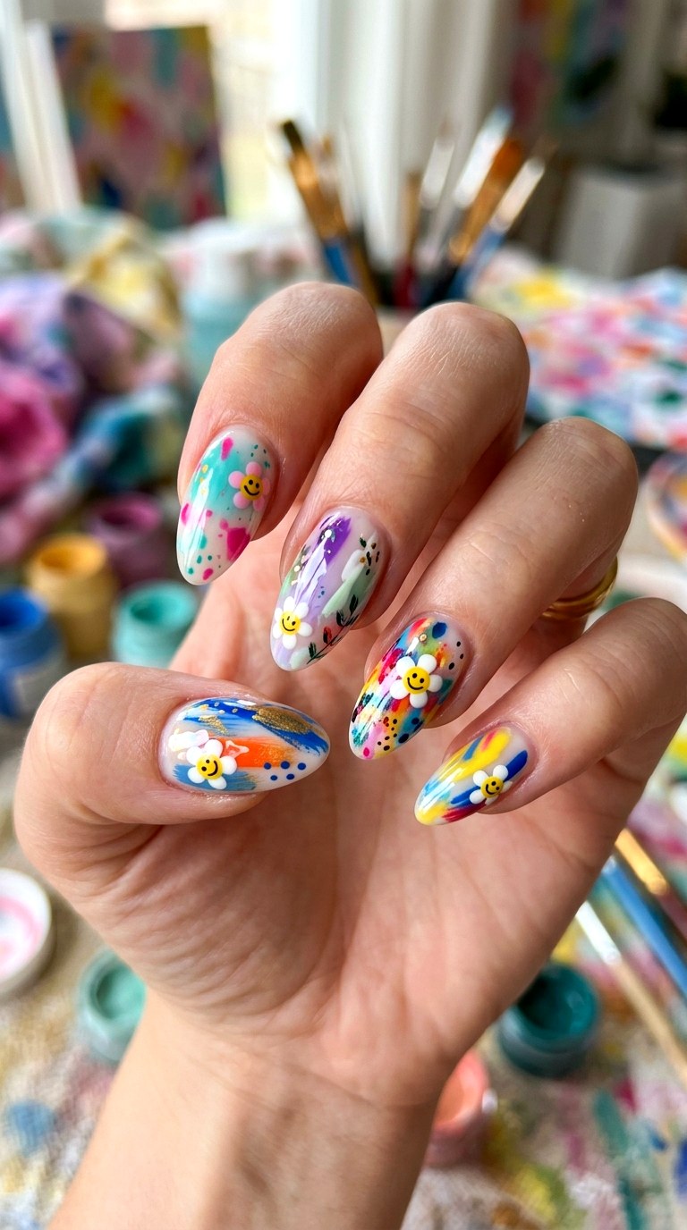 Abstract Happy Flower Art - 20 Summer Happy Flower Cartoon Nails Ideas