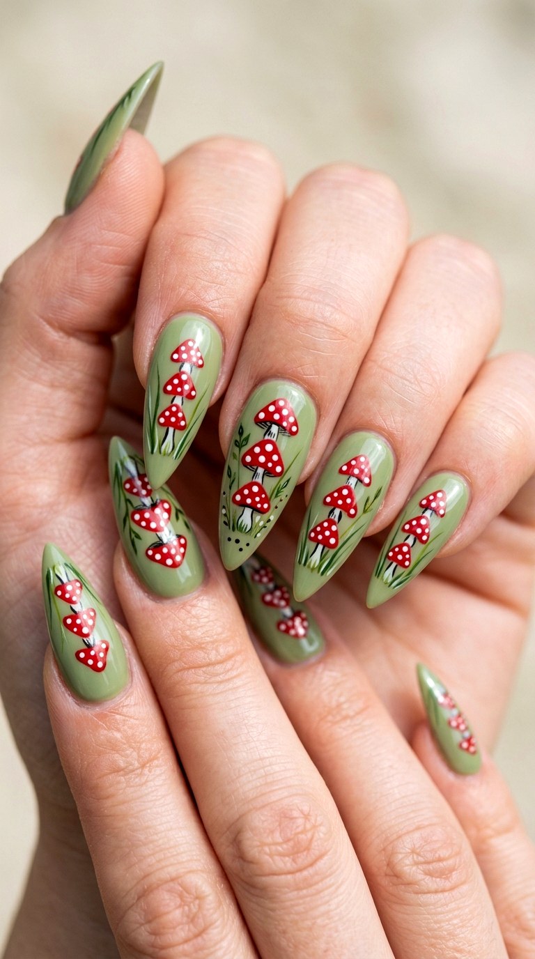 Abstract Mushroom Forest - 28 Botanical Spring Stiletto Nails