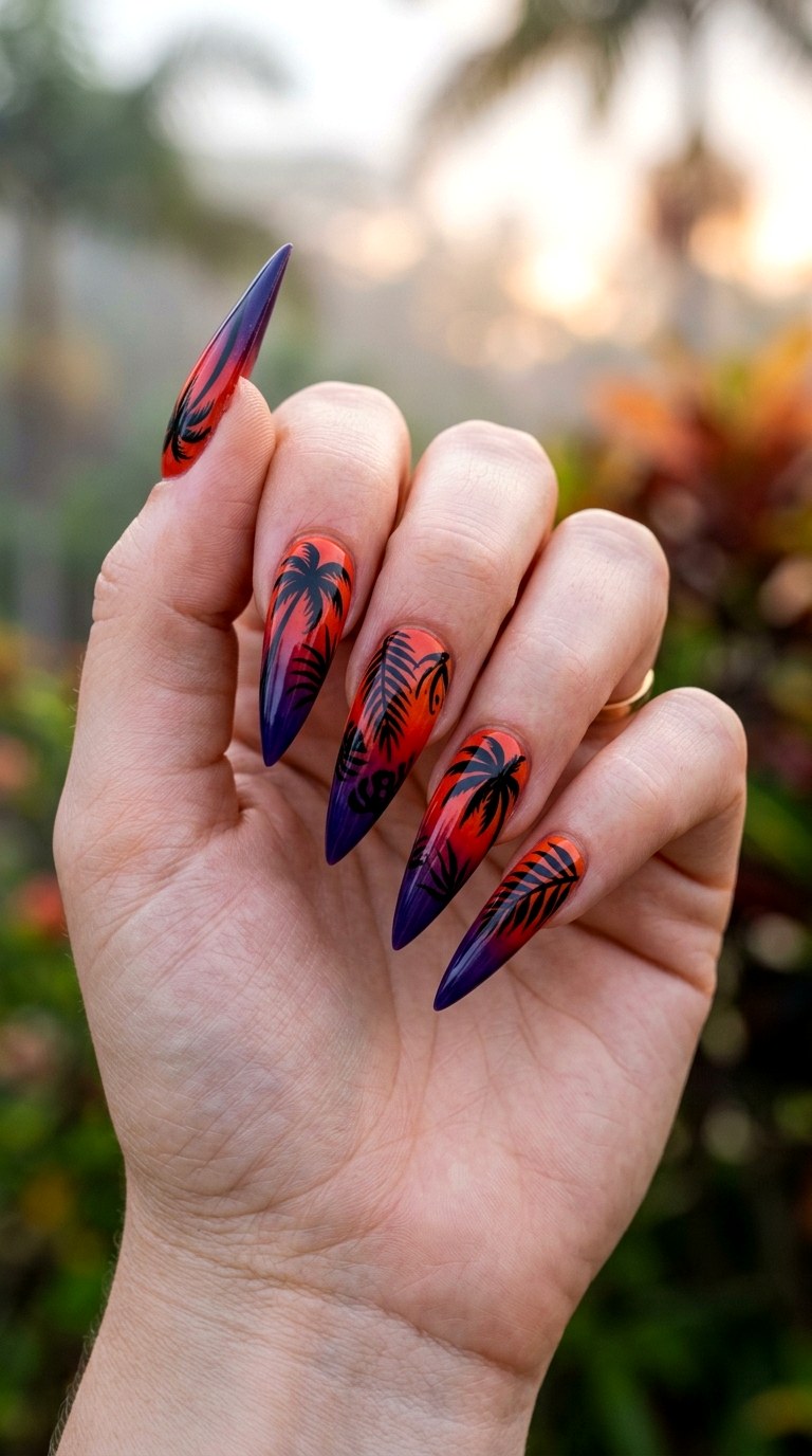 Abstract Palm Silhouettes - 26 Vacation Summer Multicolor Acrylic Nails