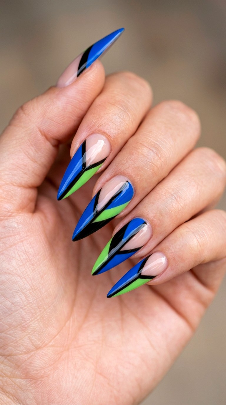Abstract Tri Color Color Blocking - 21 Edgy Spring Stiletto Nails