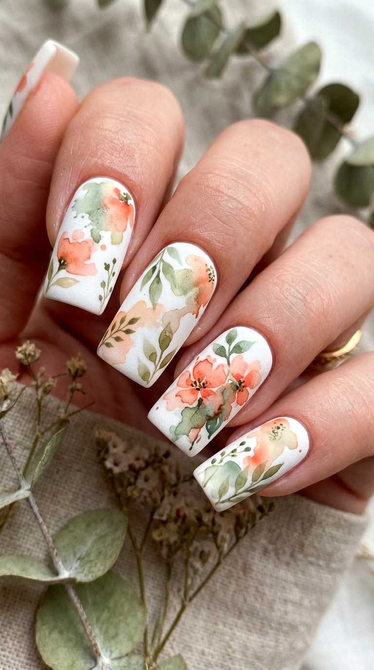 Abstract Watercolor Botanicals - 26 Matte Spring Acrylic Nails