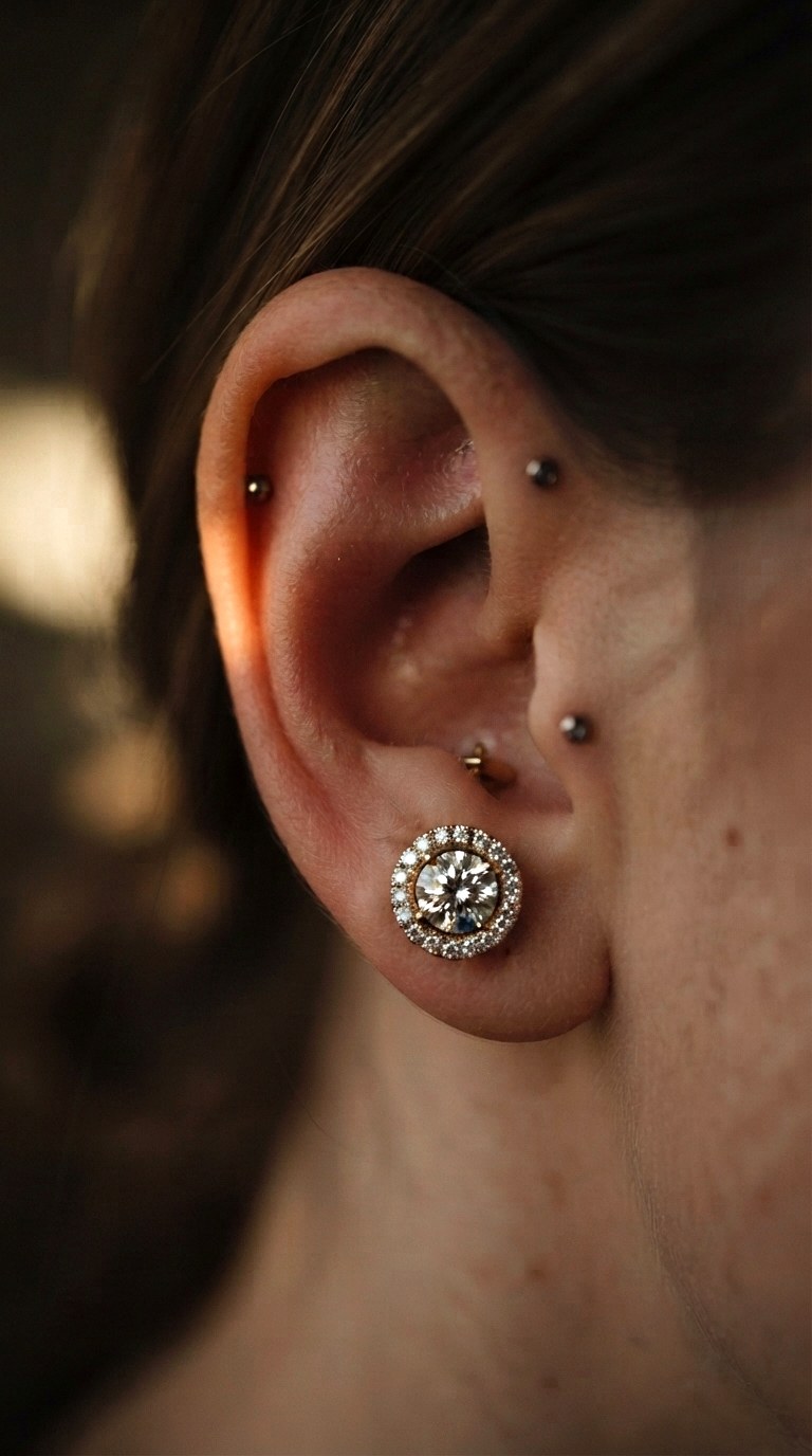Accent the Conch With Bold Pieces - 24 diamond earring stack