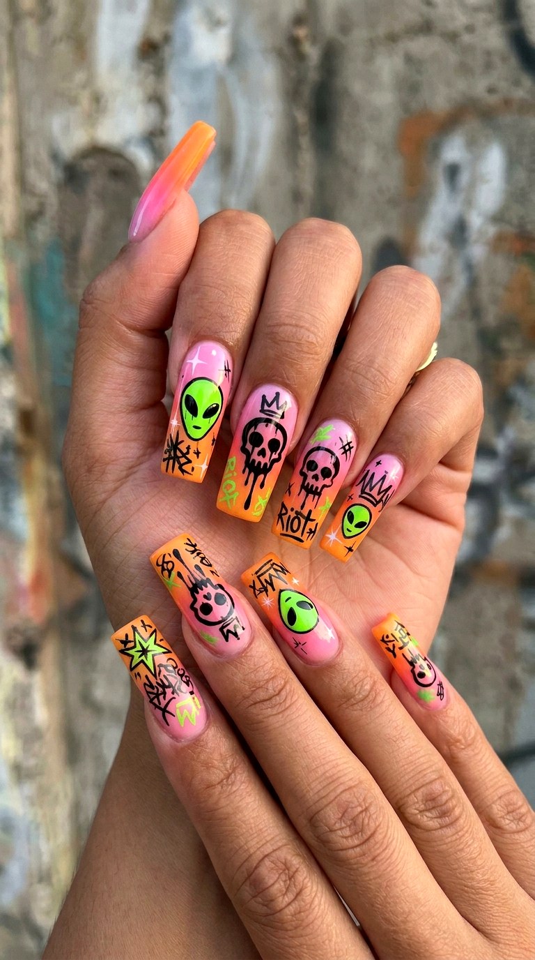 Airbrushed Sunset and Graffiti - 29 Maximalist Spring Colorful Junk Nails