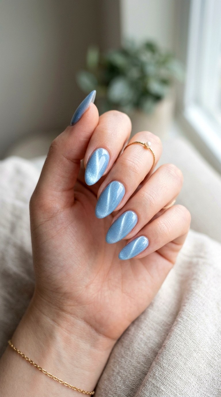 Almond Shape Baby Blue Cat Eye Nails - 20 Summer Baby Blue Cat Eye Nails Ideas