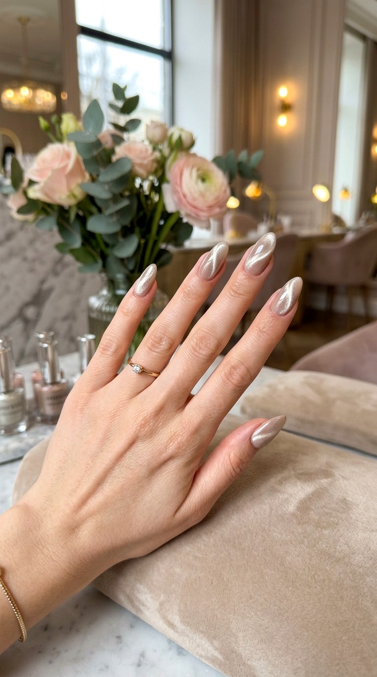Almond Shaped Nude Cat Eye Nails - 20 Spring Nude Base Cat Eye Nails Ideas