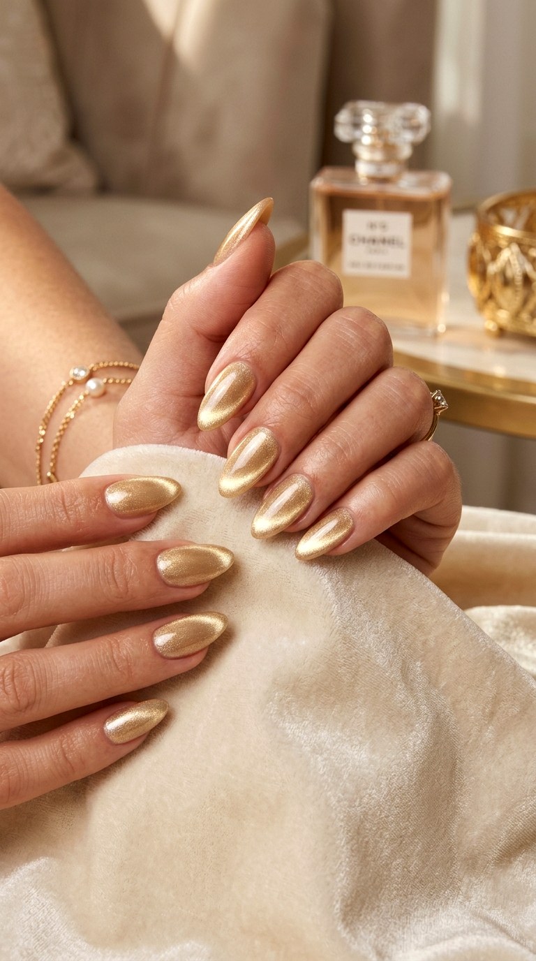 Almond Shaped Soft Gold Cat Eye Nails - 20 Spring Soft Gold Cat Eye Nails Ideas