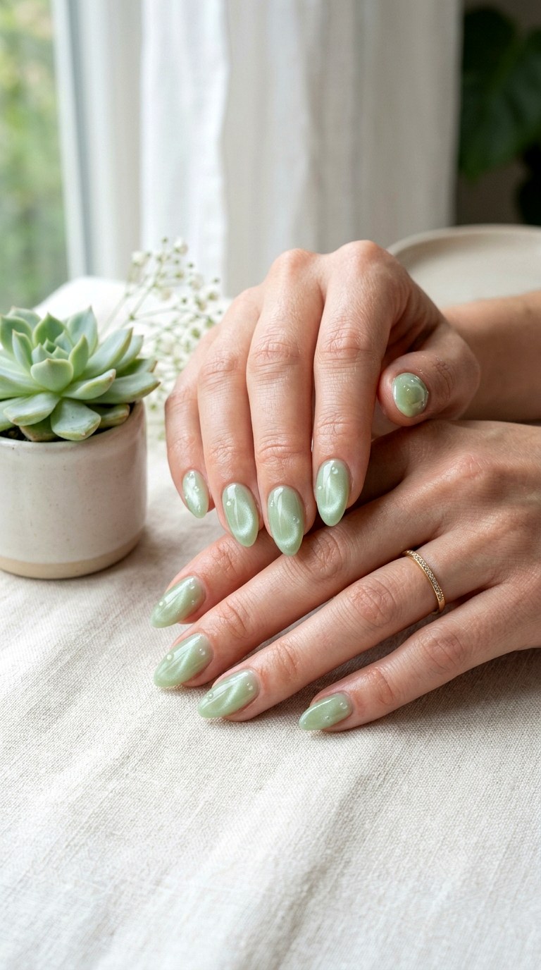 Aloe Green Dew Drop Cat Eye - 23 Summer Soft Green Shimmer Cat Eye Nails Ideas