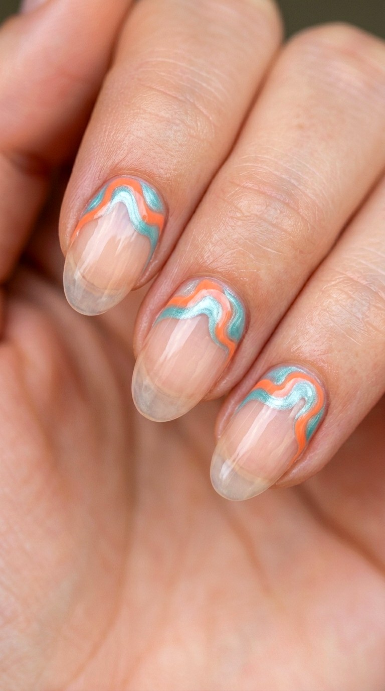 Apricot Crush and Icy Teal Wavy Cuticles - 20 Abstract Spring Two Colored Nails