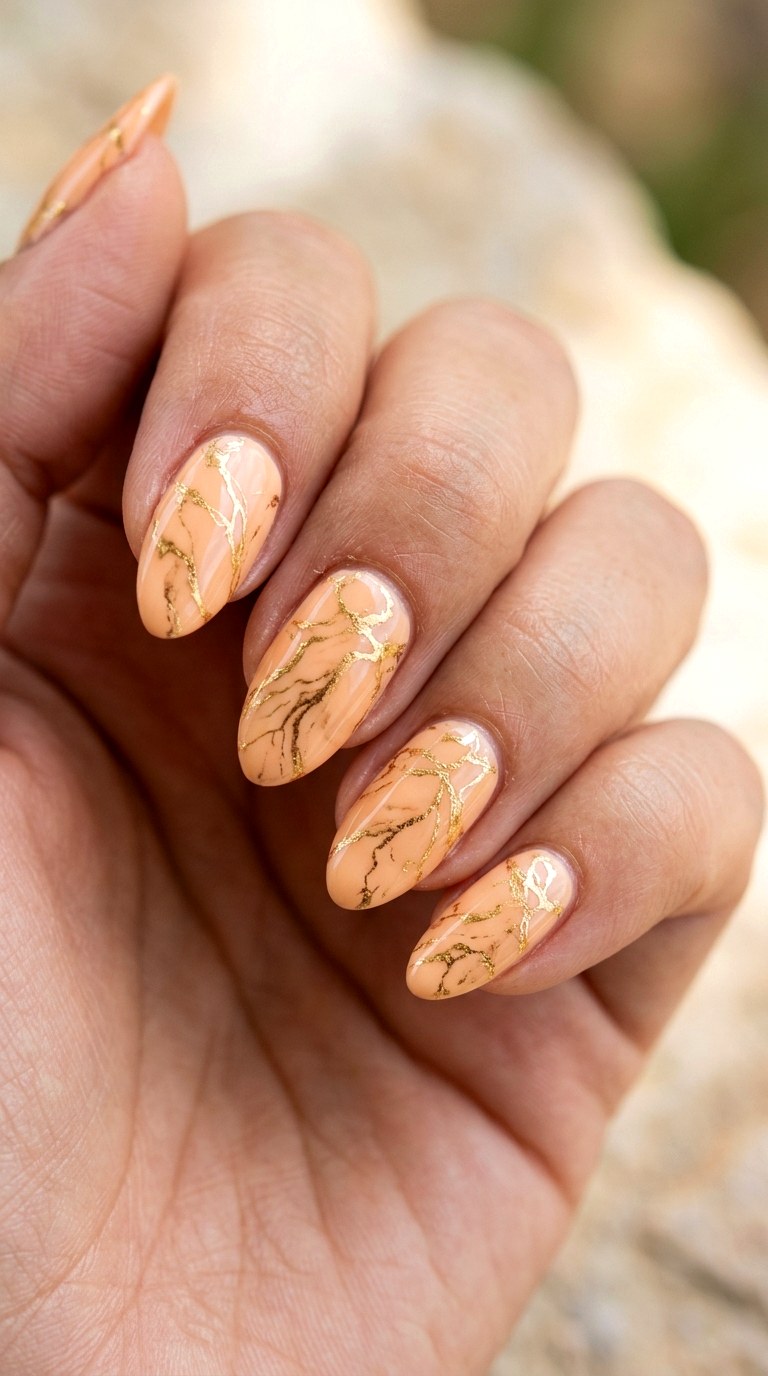 Apricot Sorbet and Gold Foil Veins - 28 Stylish Spring Two Colored Nails