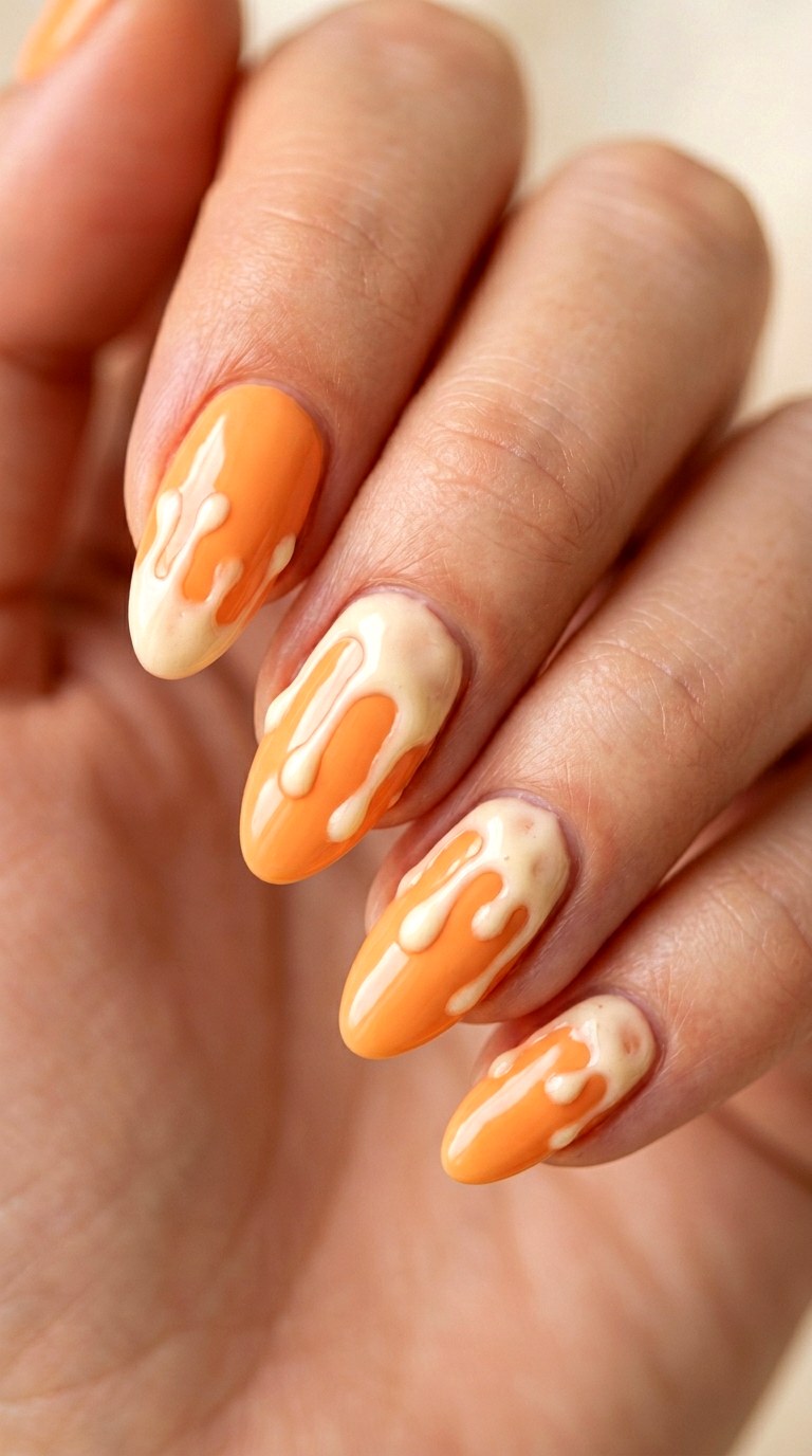 Apricot Sorbet with Vanilla Drip - 25 Simple Spring Two Colored Nails