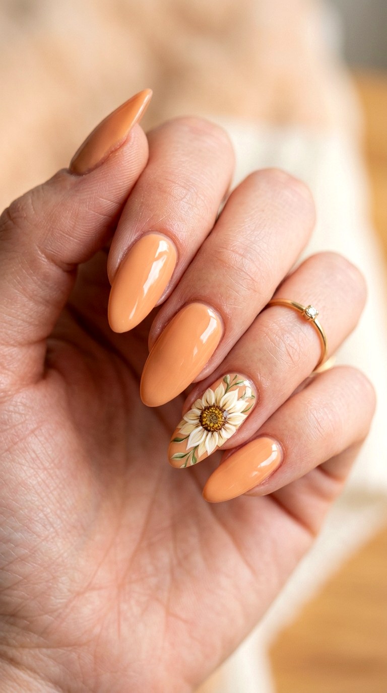 Apricot and Cream Sunflower Art - 26 Floral Spring Acrylic Nails
