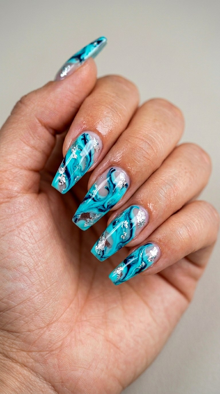 Aqua Marble Swirls - 29 Beach Summer Acrylic Nails