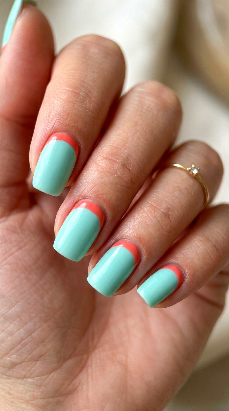 Aqua Mint and Coral Reef Tips - 30 Brunch Spring Two Colored Nails