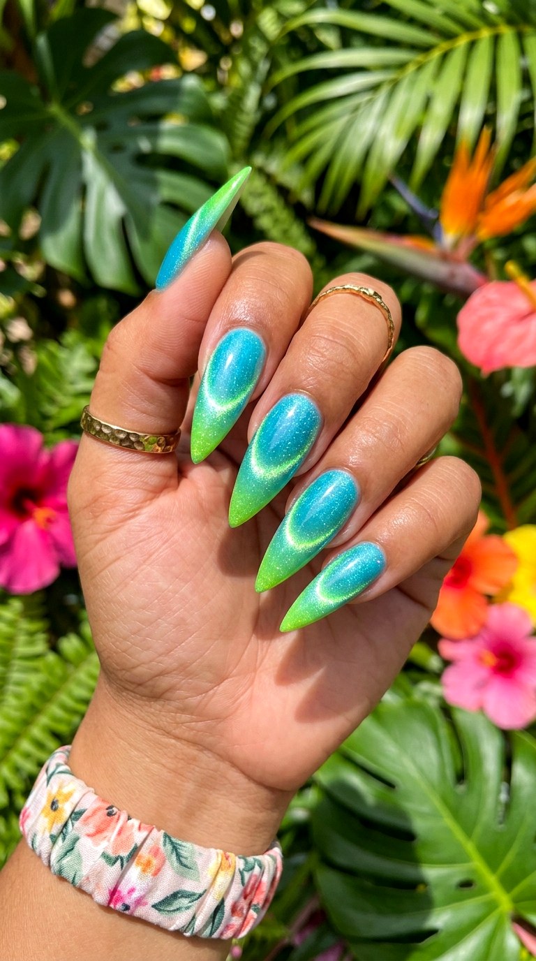 Aqua and Lime Green Glow - 20 Spring Dual-Tone Magnetic Cat Eye Nails Ideas