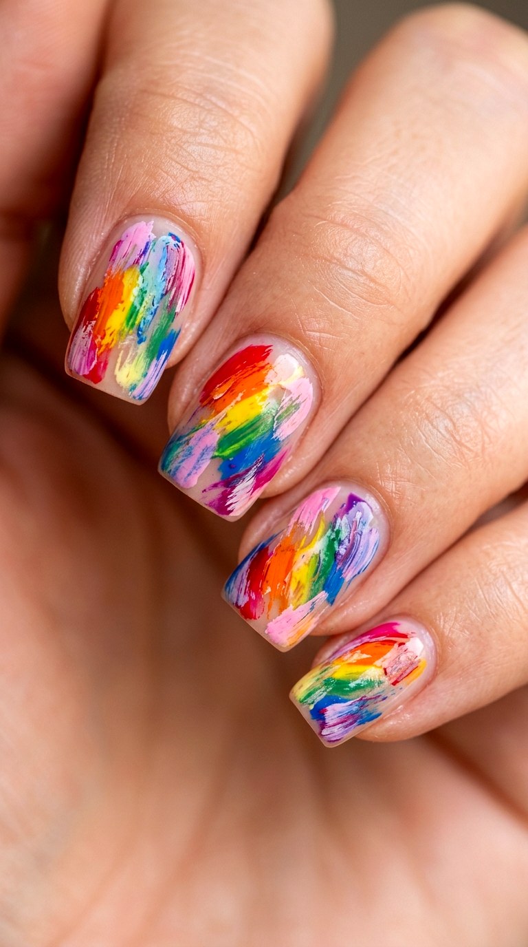 Artistic Abstract Dry Brush Strokes - 26 Rainbow Spring Multicolor Acrylic Nails