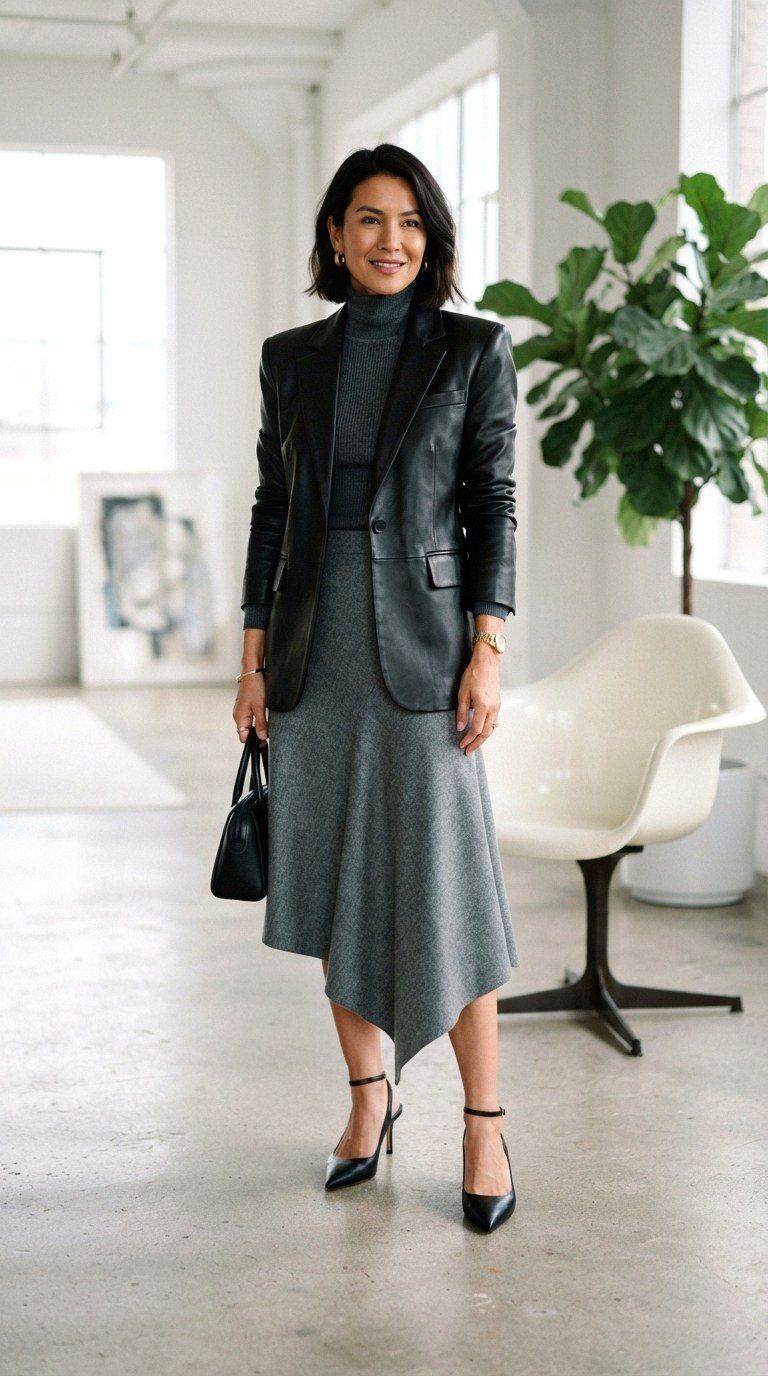 Asymmetric Hem Skirt - 22 leather jacket outfits women