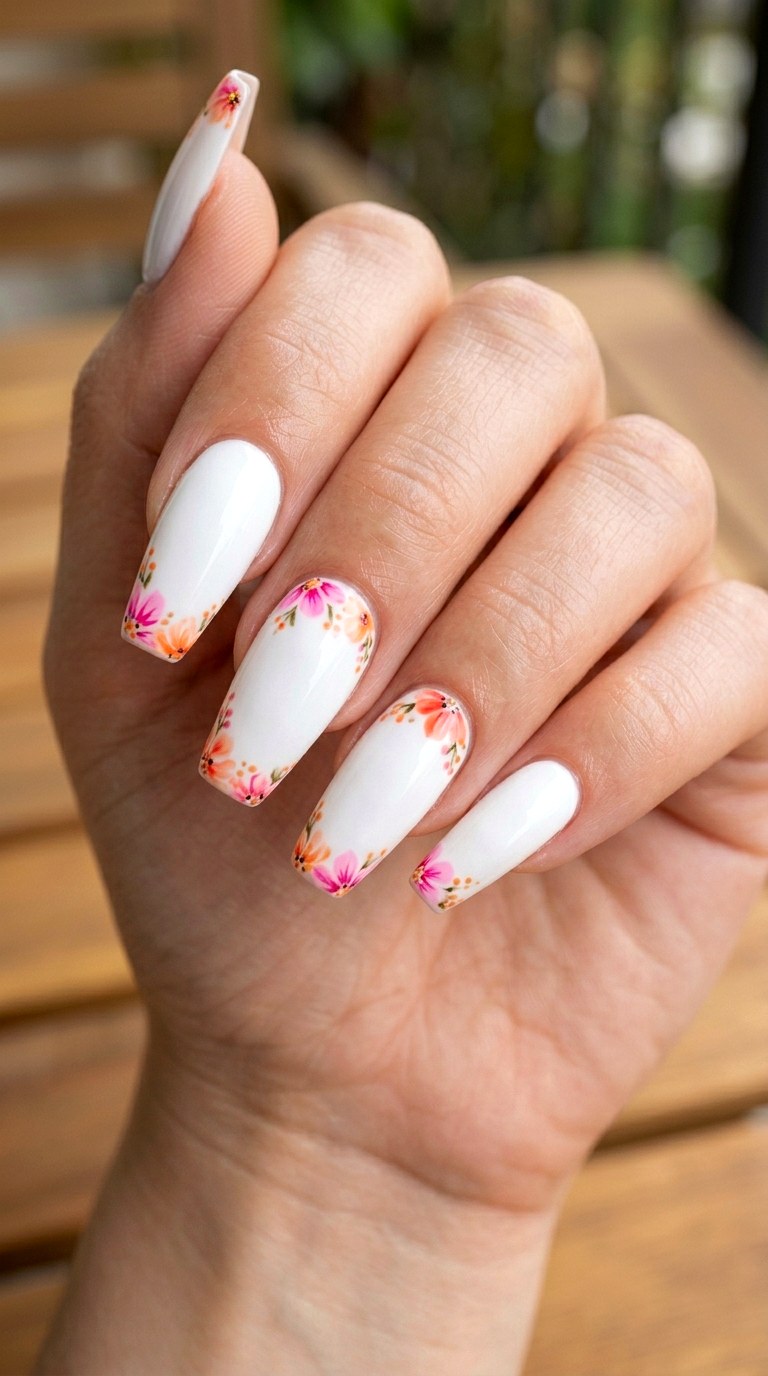 Asymmetrical Corner Blooms - 26 Floral Spring Acrylic Nails