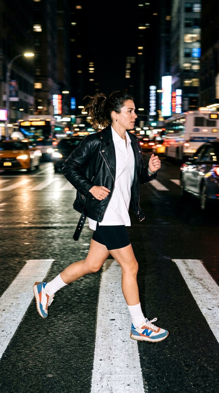 Athleisure Biker Shorts and Crew Socks - 27 oversized leather jacket outfits
