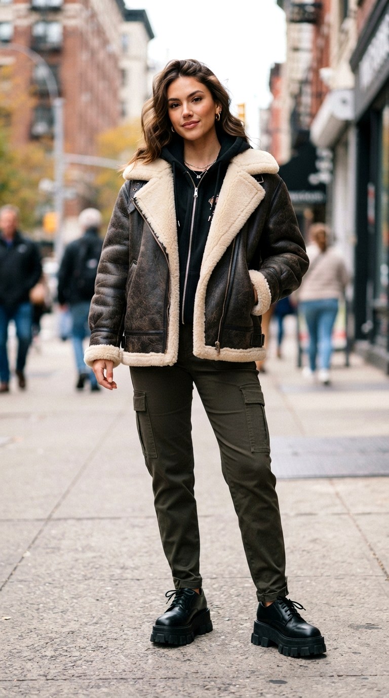Aviator Jacket and Chunky Soles - 28 cargo pants outfits women