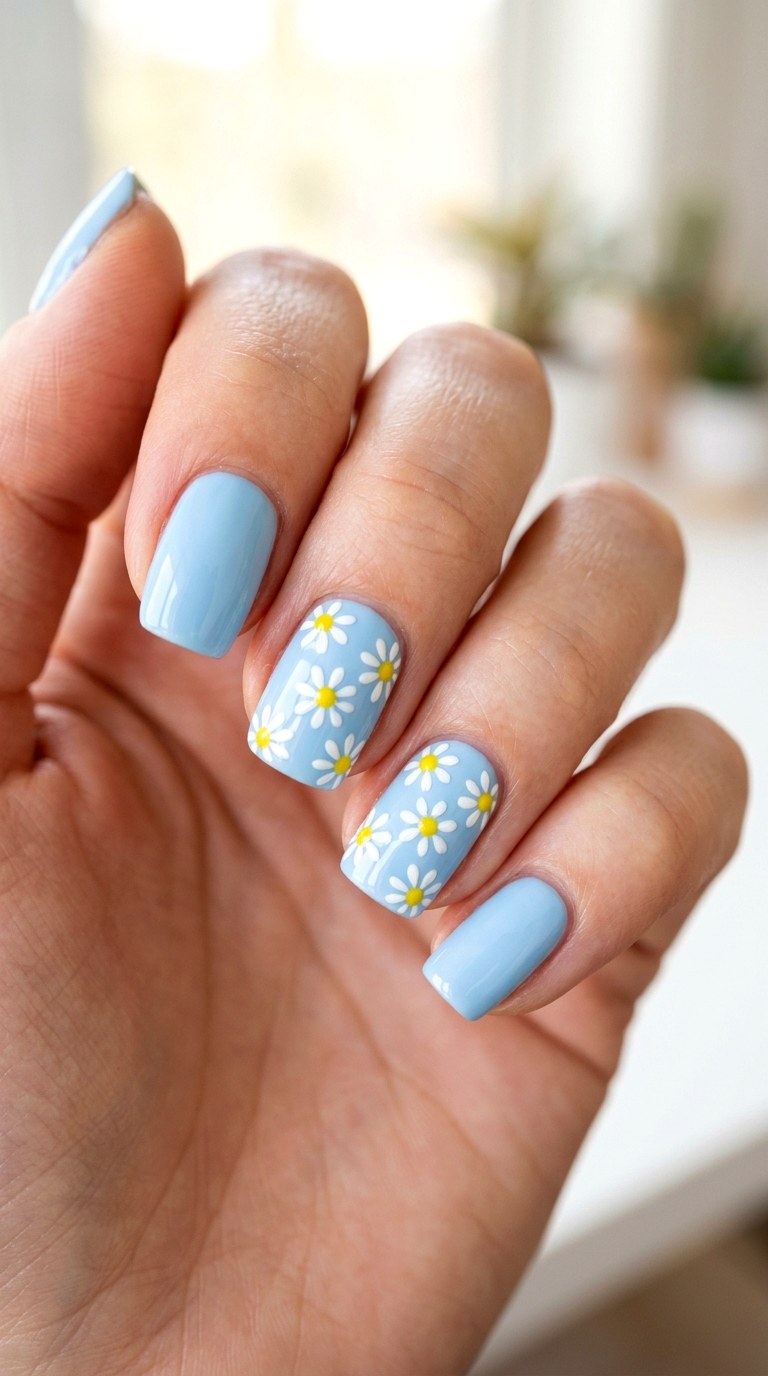 Baby Blue Base with Tiny Daisies - 24 Classy Spring Two Colored Nails