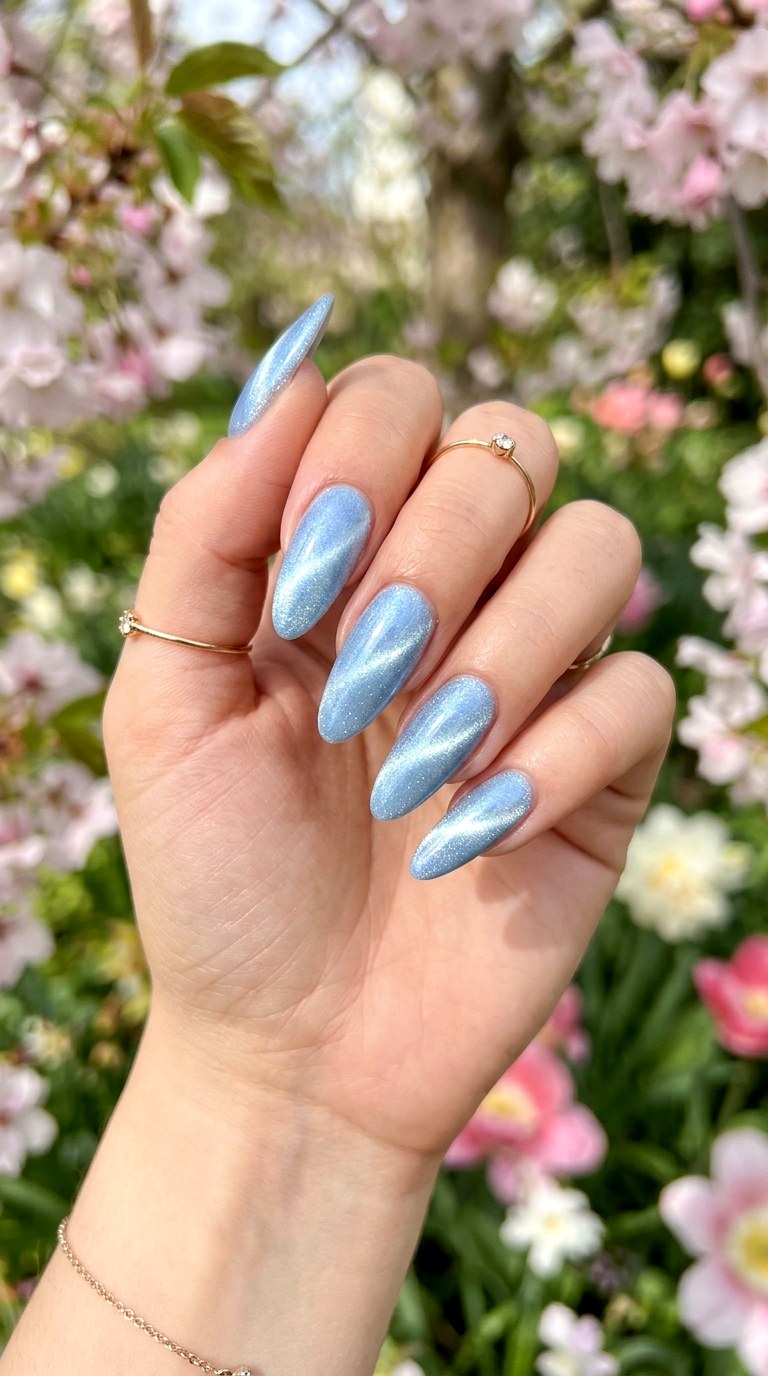 Baby Blue Cat Eye Almond Nails - 20 Spring Baby Blue Cat Eye Nails Ideas