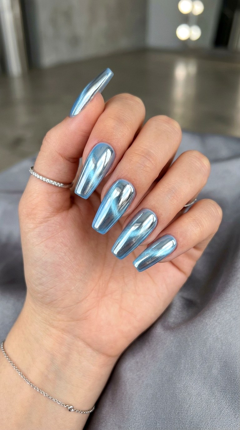 Baby Blue Cat Eye Chrome Finish - 20 Spring Baby Blue Cat Eye Nails Ideas