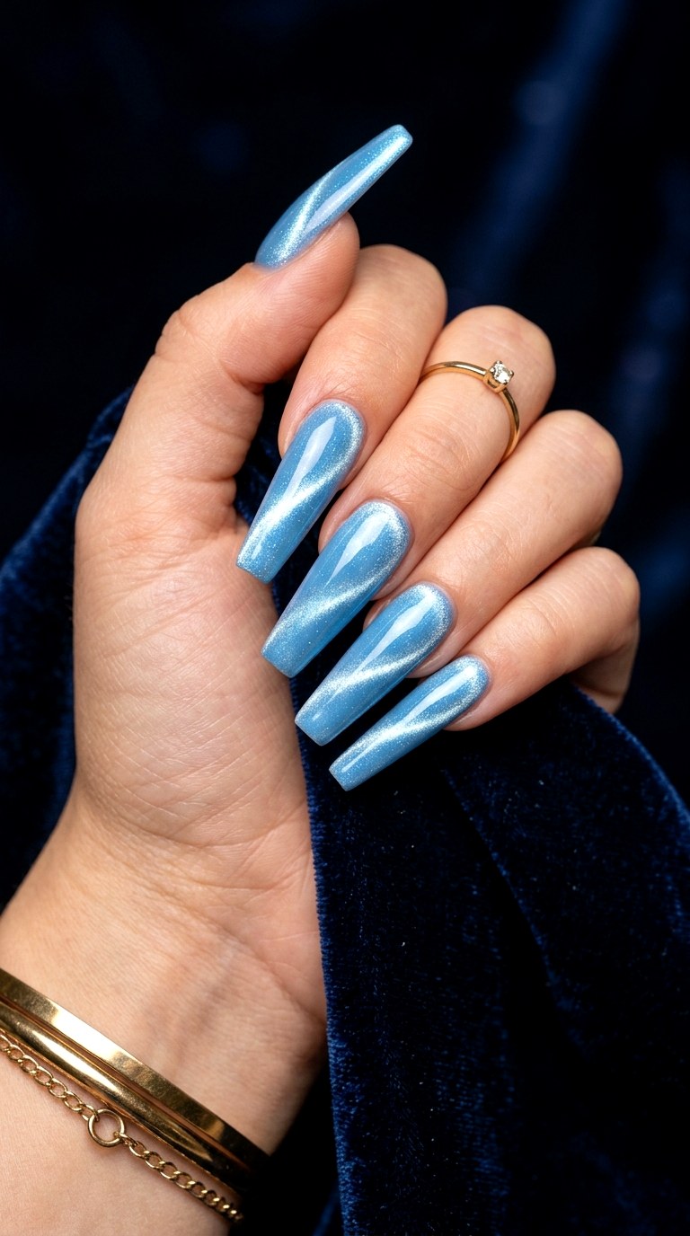 Baby Blue Cat Eye Coffin Nails - 20 Spring Baby Blue Cat Eye Nails Ideas