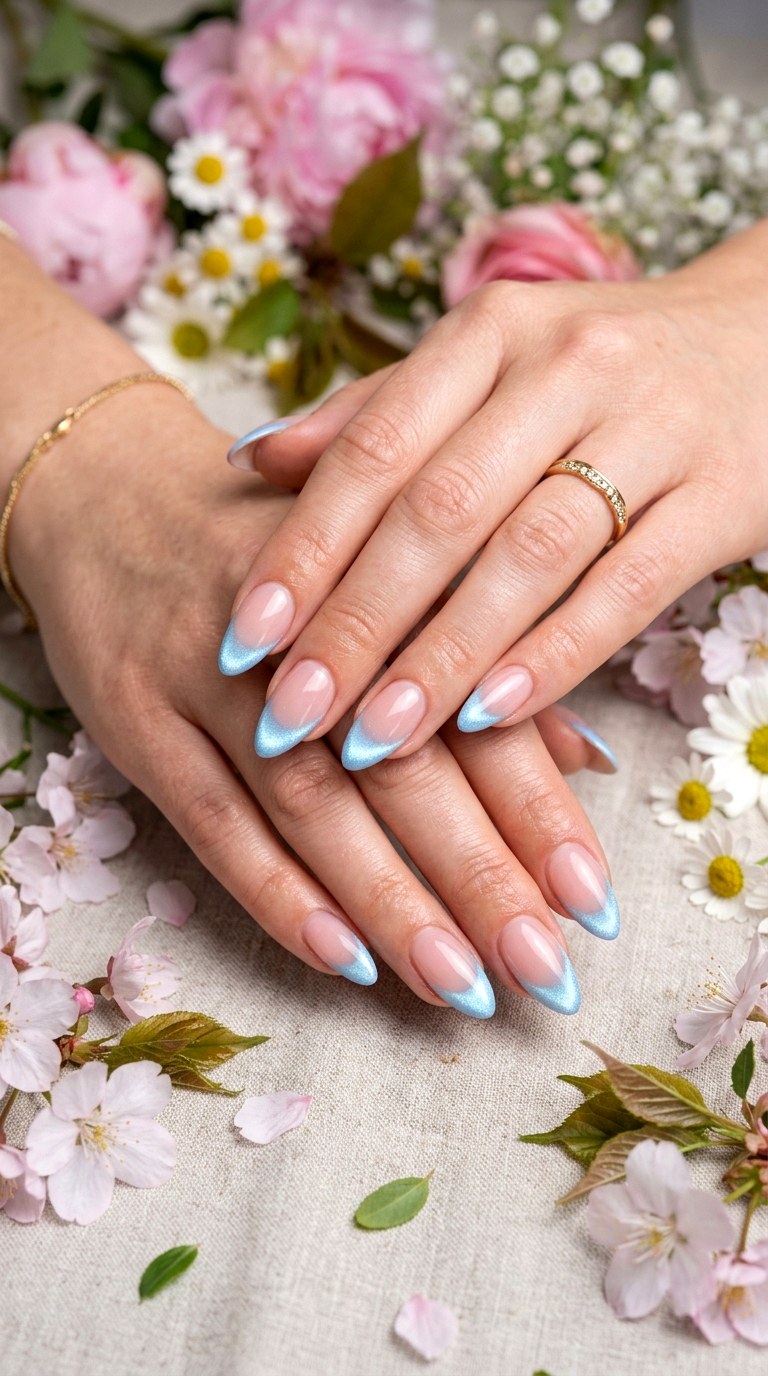 Baby Blue Cat Eye French Tips - 20 Spring Baby Blue Cat Eye Nails Ideas