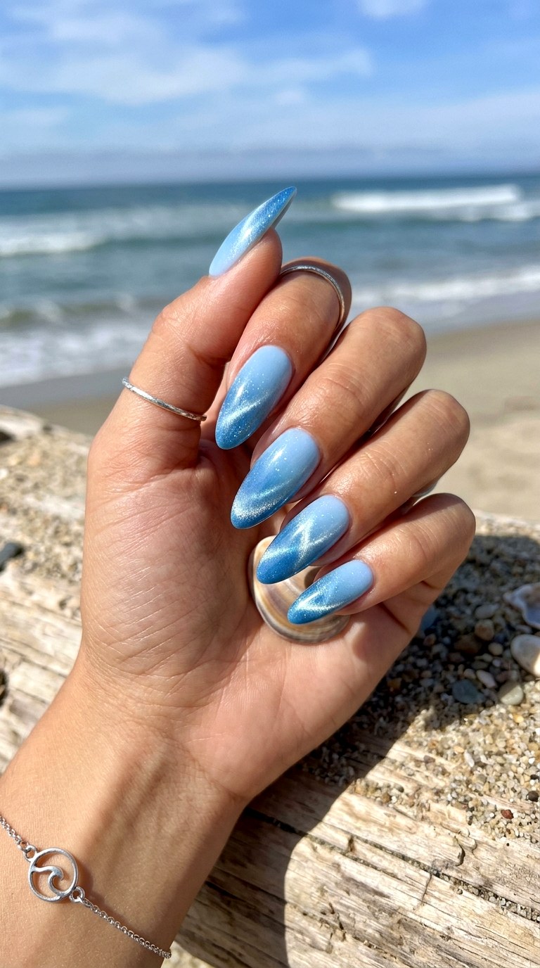 Baby Blue Cat Eye Ombre Nails - 20 Summer Baby Blue Cat Eye Nails Ideas