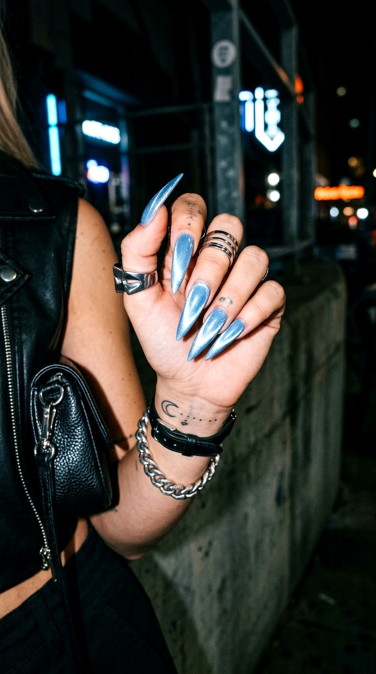 Baby Blue Cat Eye Stiletto Nails - 20 Summer Baby Blue Cat Eye Nails Ideas