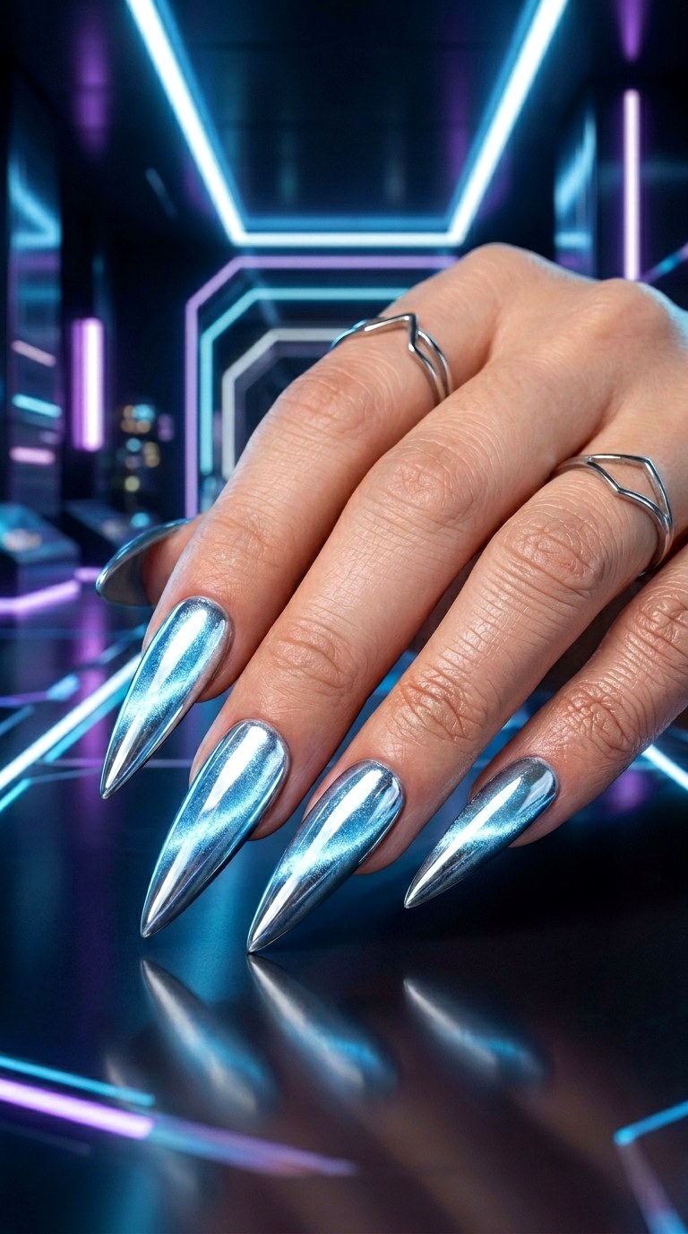 Baby Blue Cat Eye with Chrome Finish - 20 Summer Baby Blue Cat Eye Nails Ideas