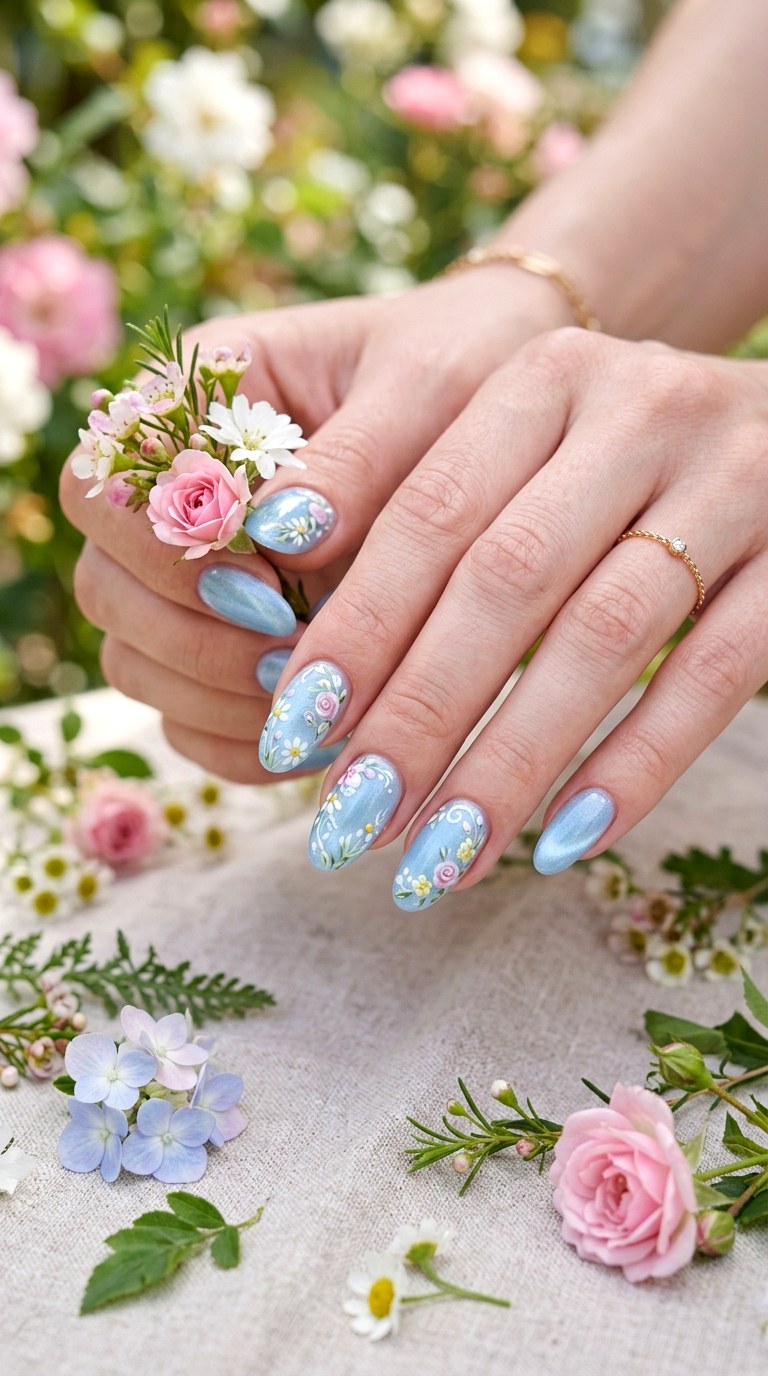 Baby Blue Cat Eye with Floral Nail Art - 20 Spring Baby Blue Cat Eye Nails Ideas