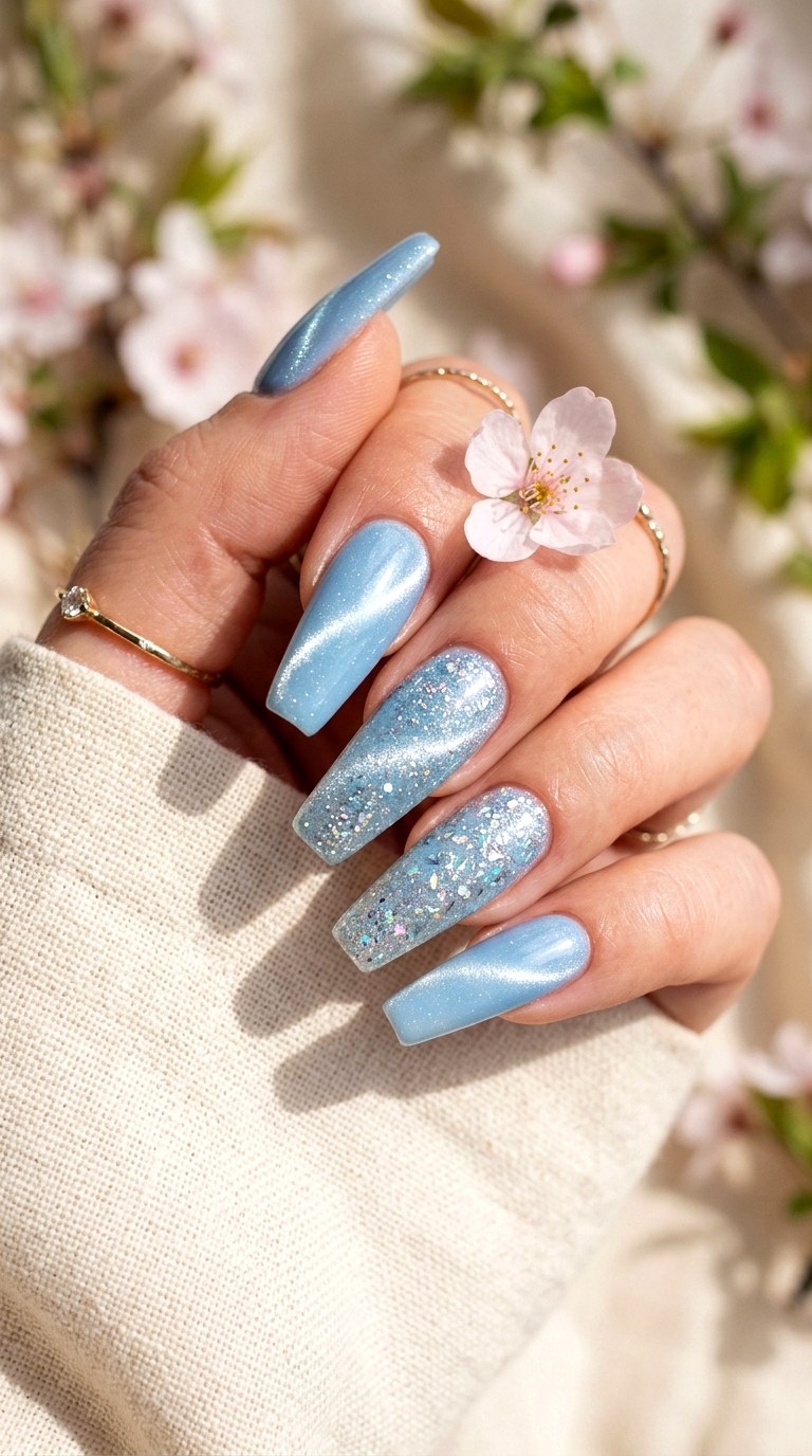 Baby Blue Cat Eye with Glitter Accents - 20 Spring Baby Blue Cat Eye Nails Ideas