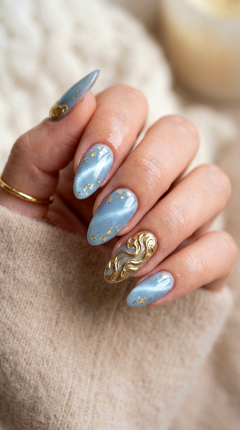 Baby Blue Cat Eye with Gold Foil - 20 Spring Baby Blue Cat Eye Nails Ideas
