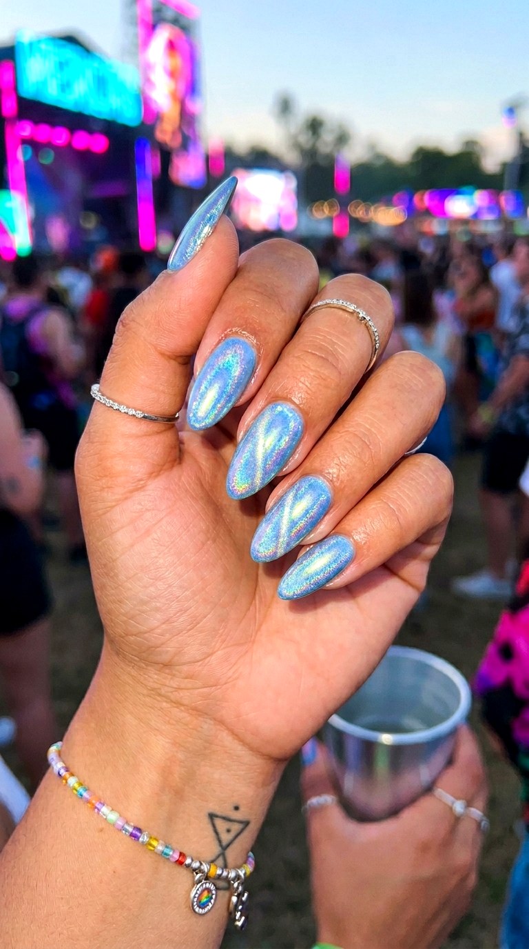 Baby Blue Cat Eye with Holographic Powder - 20 Summer Baby Blue Cat Eye Nails Ideas