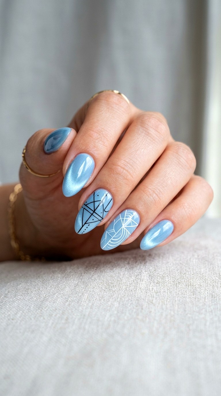 Baby Blue Cat Eye with Minimal Line Art - 20 Summer Baby Blue Cat Eye Nails Ideas